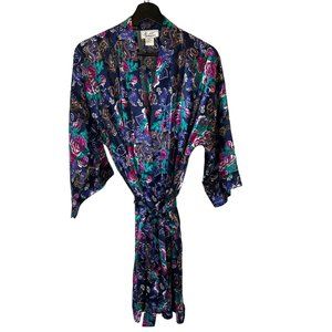 Vintage 90s Blue Purple Print Long Sleeve Knee Length Robe Medium Large